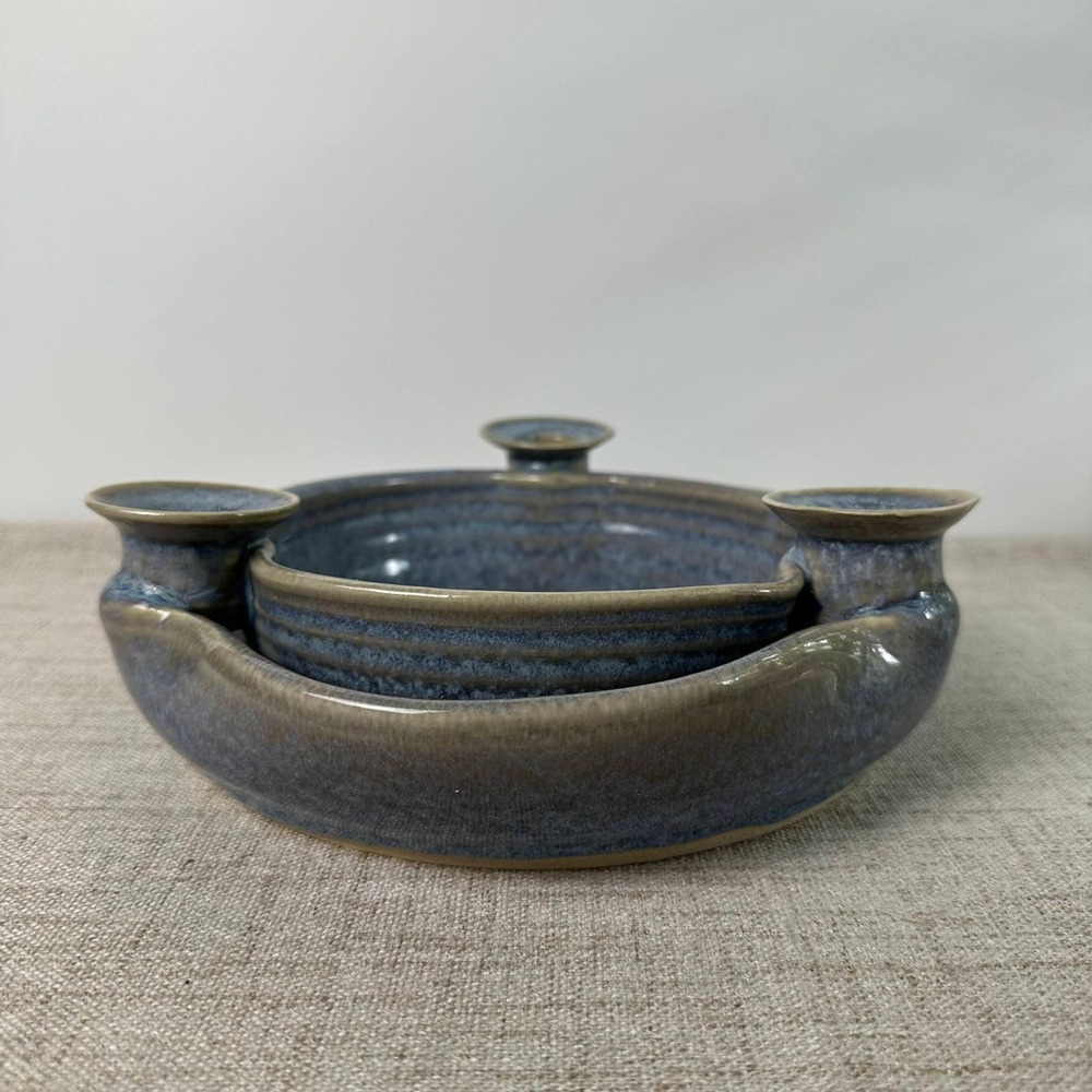 Signed Studio Pottery Triple Candle Holder Blue Gray Glazed Stoneware Pottery